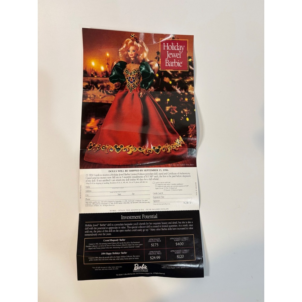 Vintage 1995 Holiday Jewel Barbie Porcelain Doll Advertisement Order Form Mailer